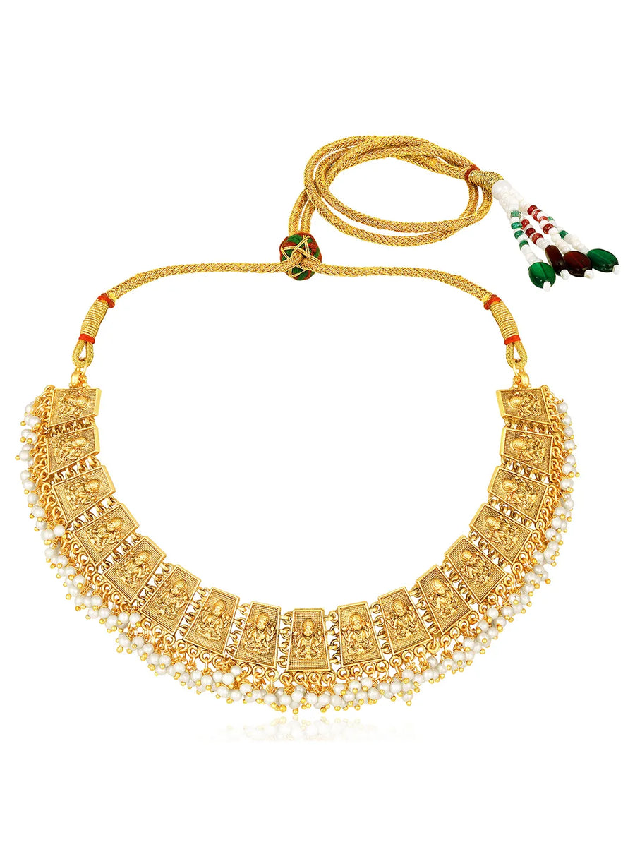 South Temple Laxmi Necklace with Pearls - Gold