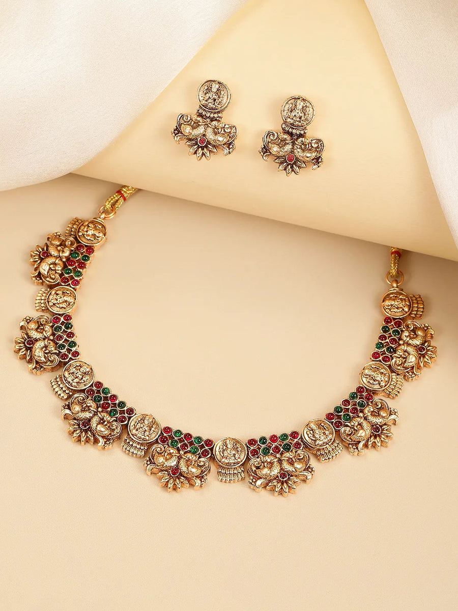 Temple Lakshmi Coin Choker Set In Rani Pink & Green
