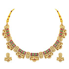 Temple Lakshmi Coin Choker Set In Rani Pink & Green