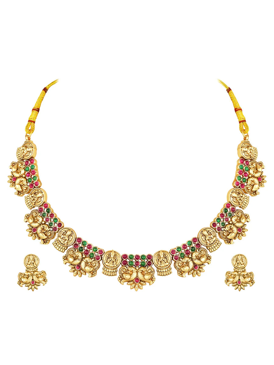 Temple Lakshmi Coin Choker Set In Rani Pink & Green