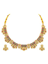 Temple Lakshmi Coin Choker Set In Rani Pink & Green