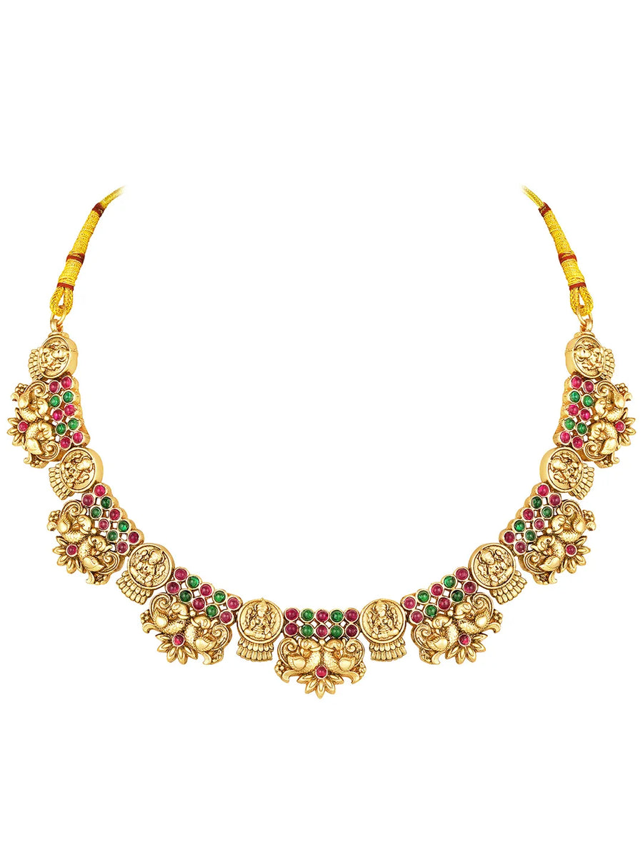 Temple Lakshmi Coin Choker Set In Rani Pink & Green