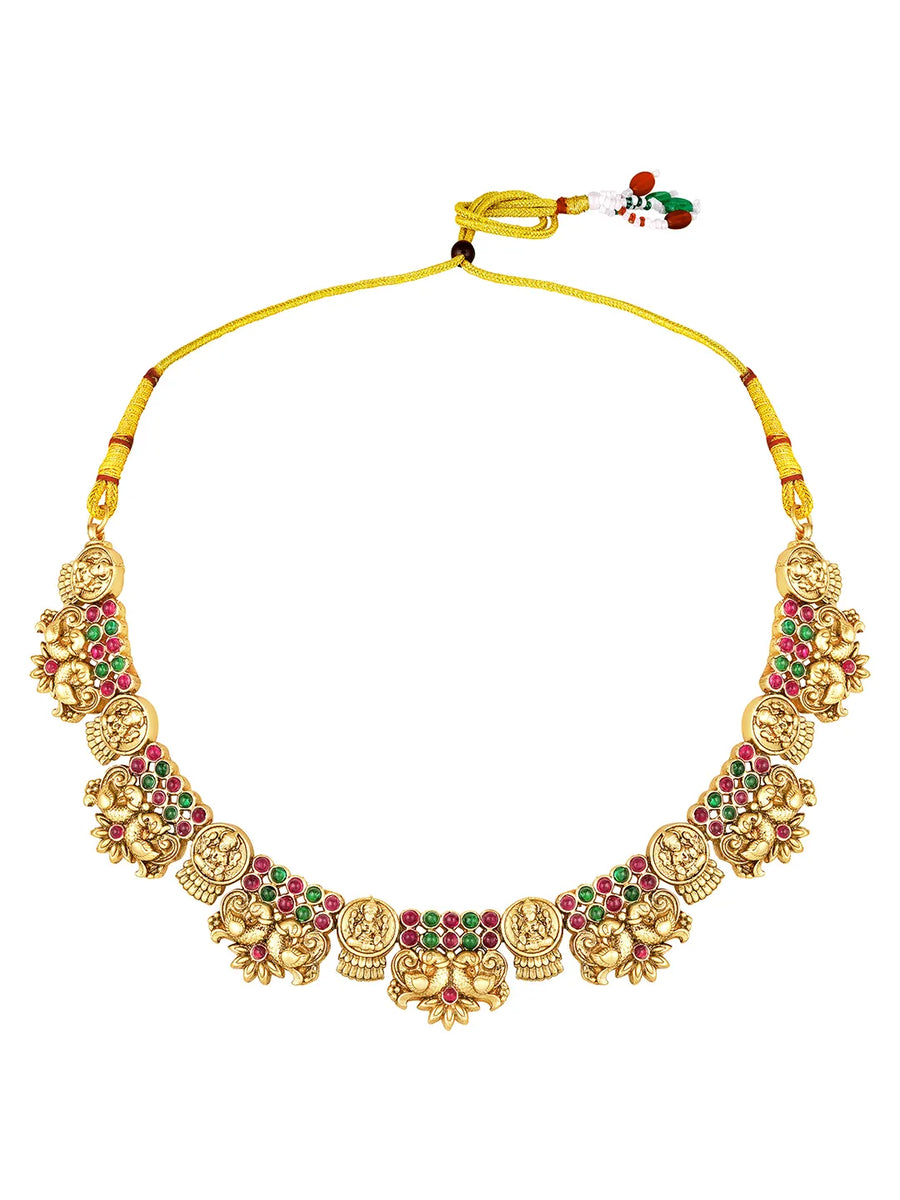 Temple Lakshmi Coin Choker Set In Rani Pink & Green