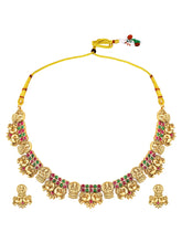 Temple Lakshmi Coin Choker Set In Rani Pink & Green