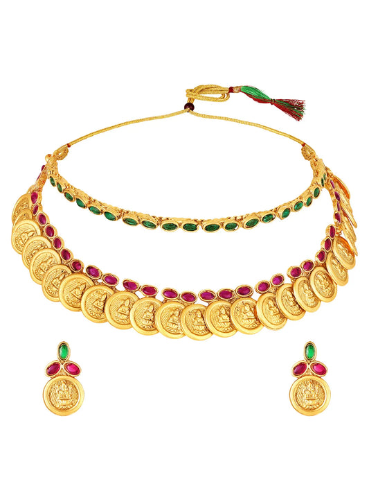 Peora Traditional Lakshmi Coin Choker Necklace Set