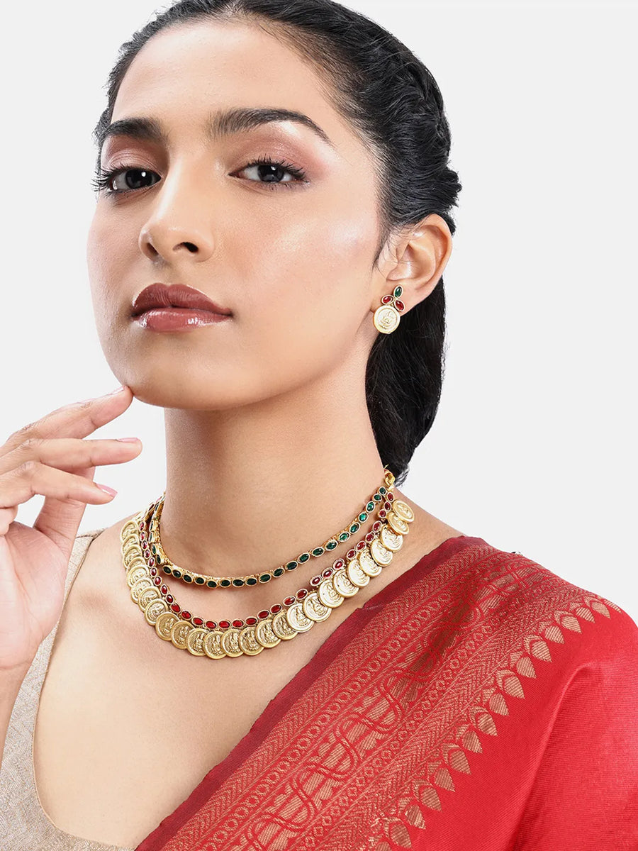 Peora Traditional Lakshmi Coin Choker Necklace Set
