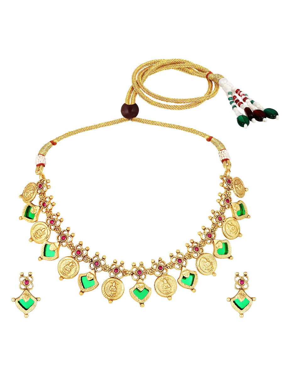 Traditional Lakshmi Ruby Emerald Necklace - Gold