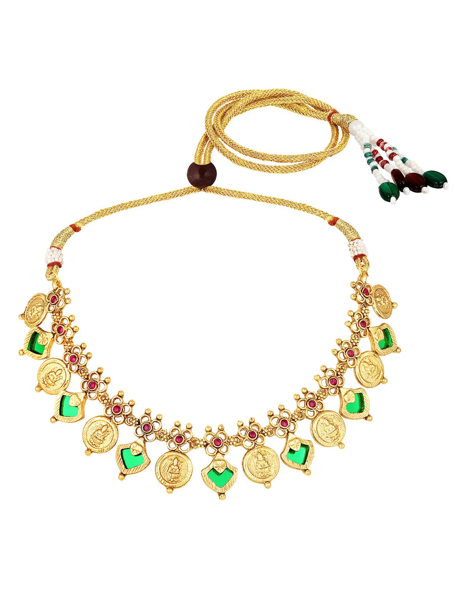 Traditional Lakshmi Ruby Emerald Necklace - Gold