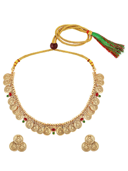 Lakshmi Coin Temple Necklace Set - Gold