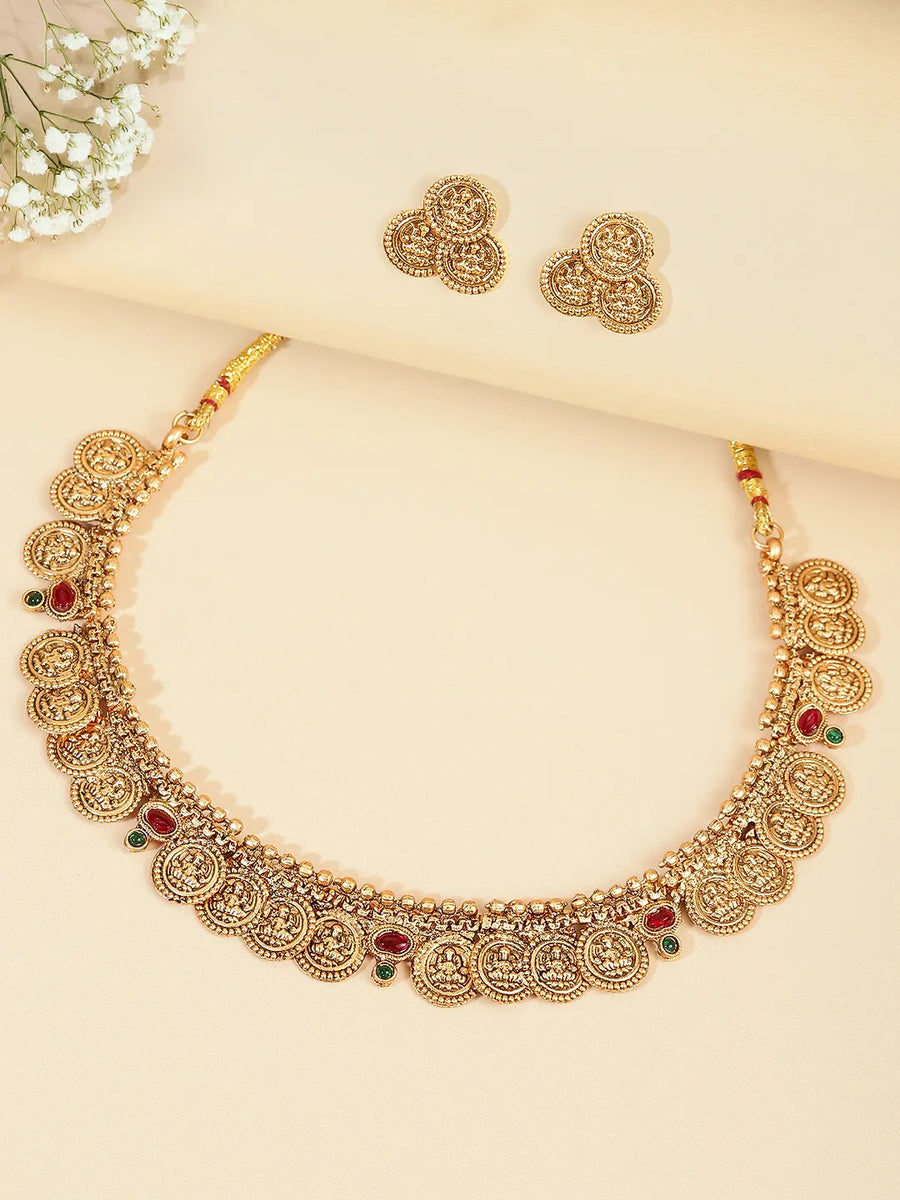 Lakshmi Coin Temple Necklace Set - Gold