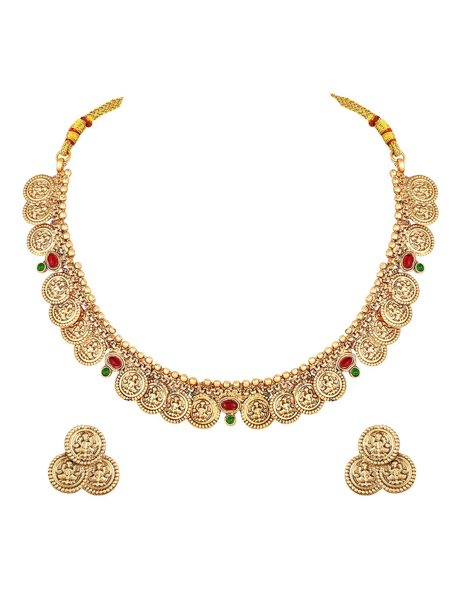 Lakshmi Coin Temple Necklace Set - Gold