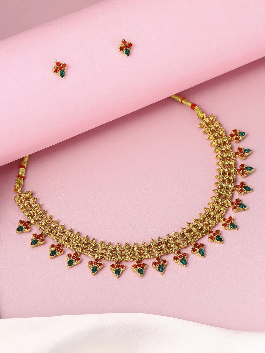 Temple Style Floral Motif Necklace Set - Gold