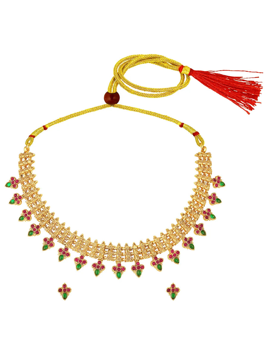 Temple Style Floral Motif Necklace Set - Gold