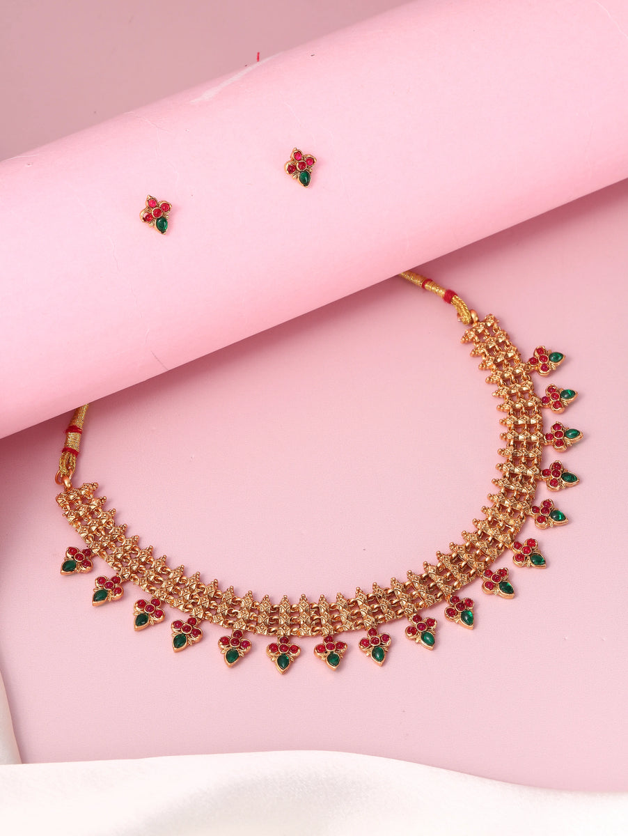 Temple Style Floral Motif Necklace Set - Gold