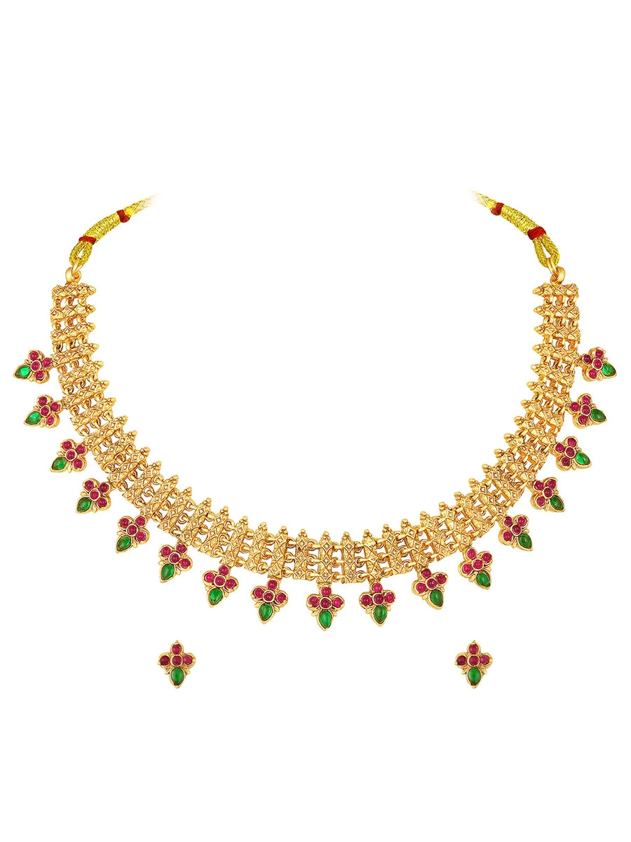 Temple Style Floral Motif Necklace Set - Gold