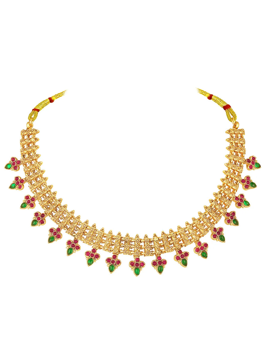 Temple Style Floral Motif Necklace Set - Gold