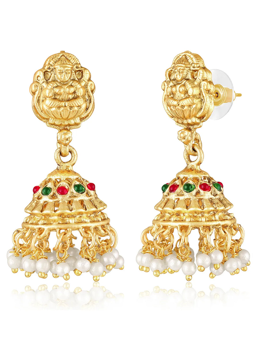 Gold - Rani Pink Green necklace earrings set crafted from brass, adorned with faux kundan & beads for an elegant, timeless look | Peora
