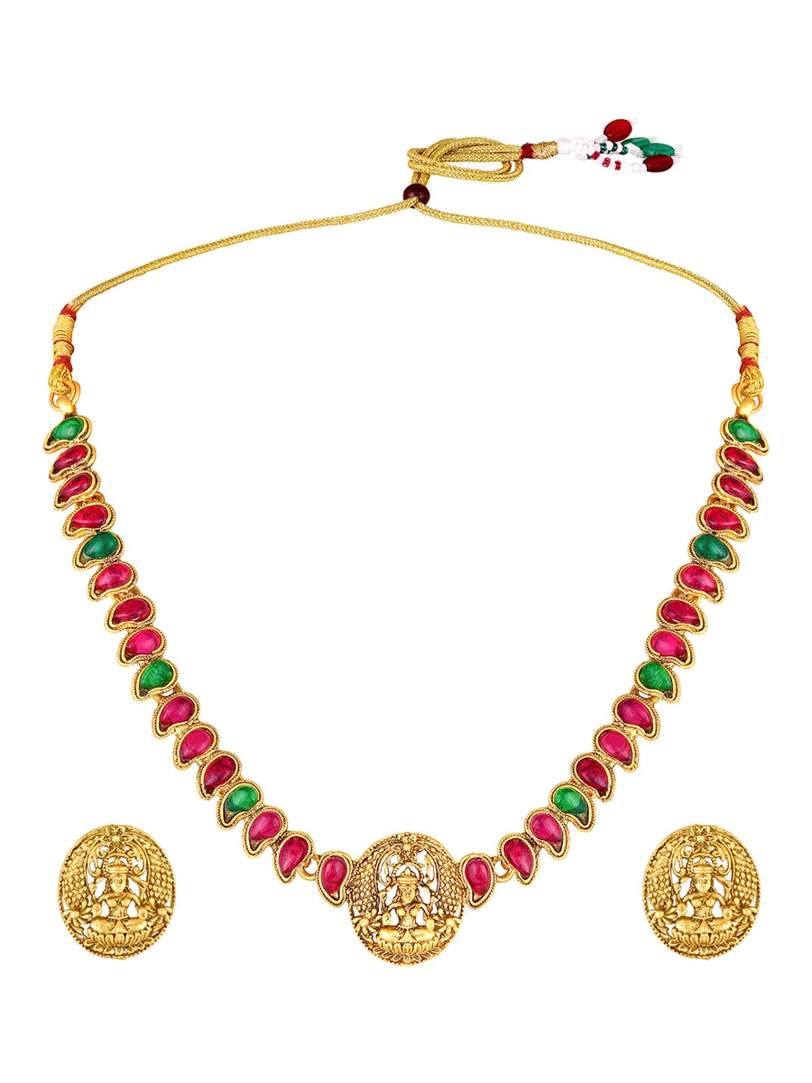 Ethnic Charm Lakshmi Coin Necklace Set - Rani Pink Green