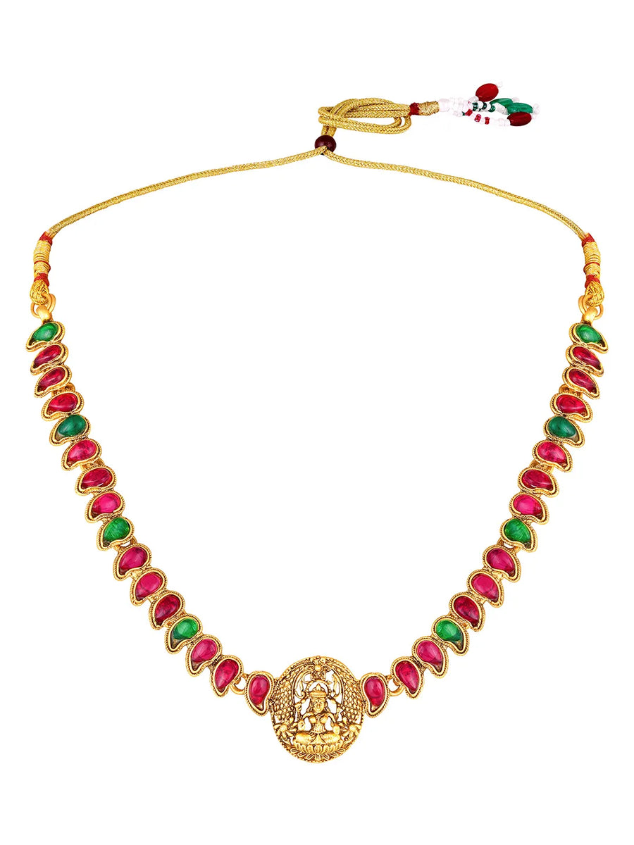 Ethnic Charm Lakshmi Coin Necklace Set - Rani Pink Green