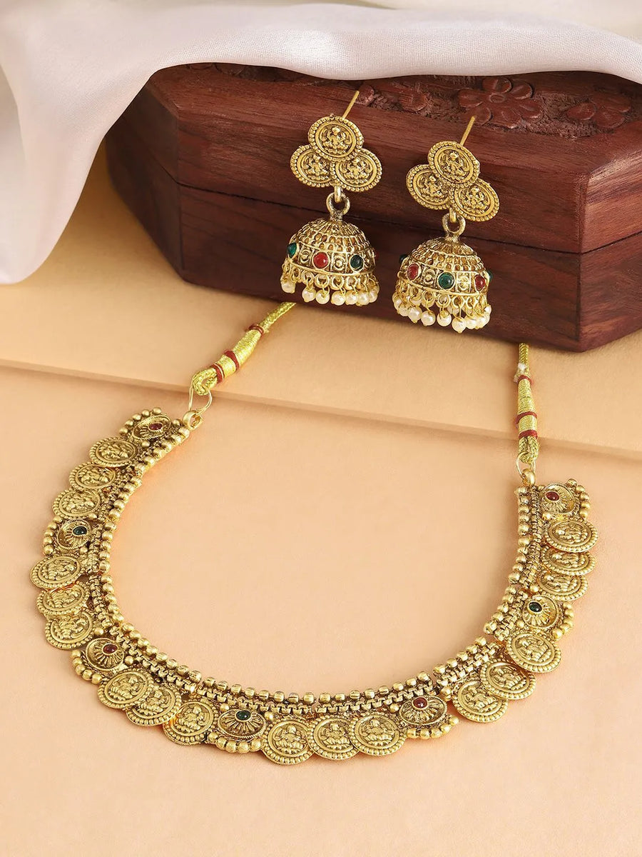 Traditional Laxmi Kasu Neckalce Set - Gold