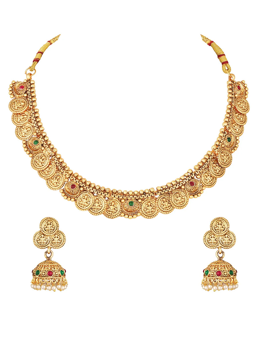 Traditional Laxmi Kasu Neckalce Set - Gold