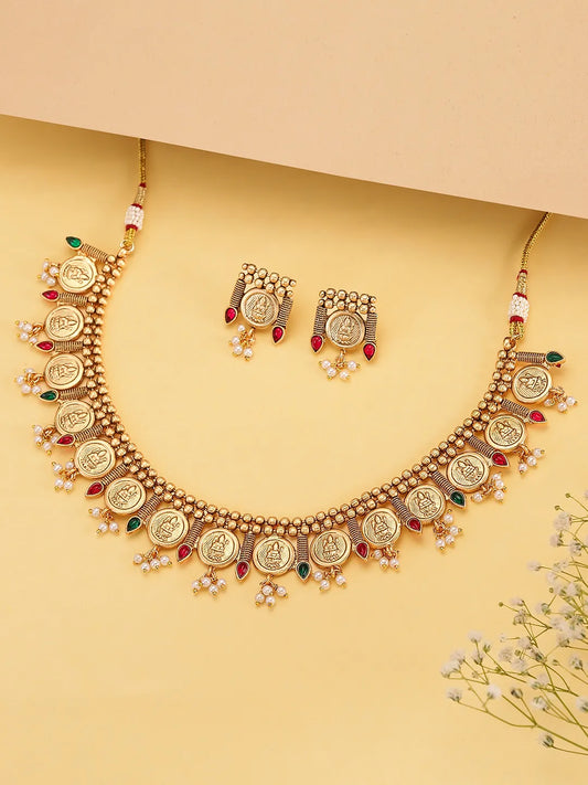 Royal Emblem Laxmi Coin Necklace Set - Gold