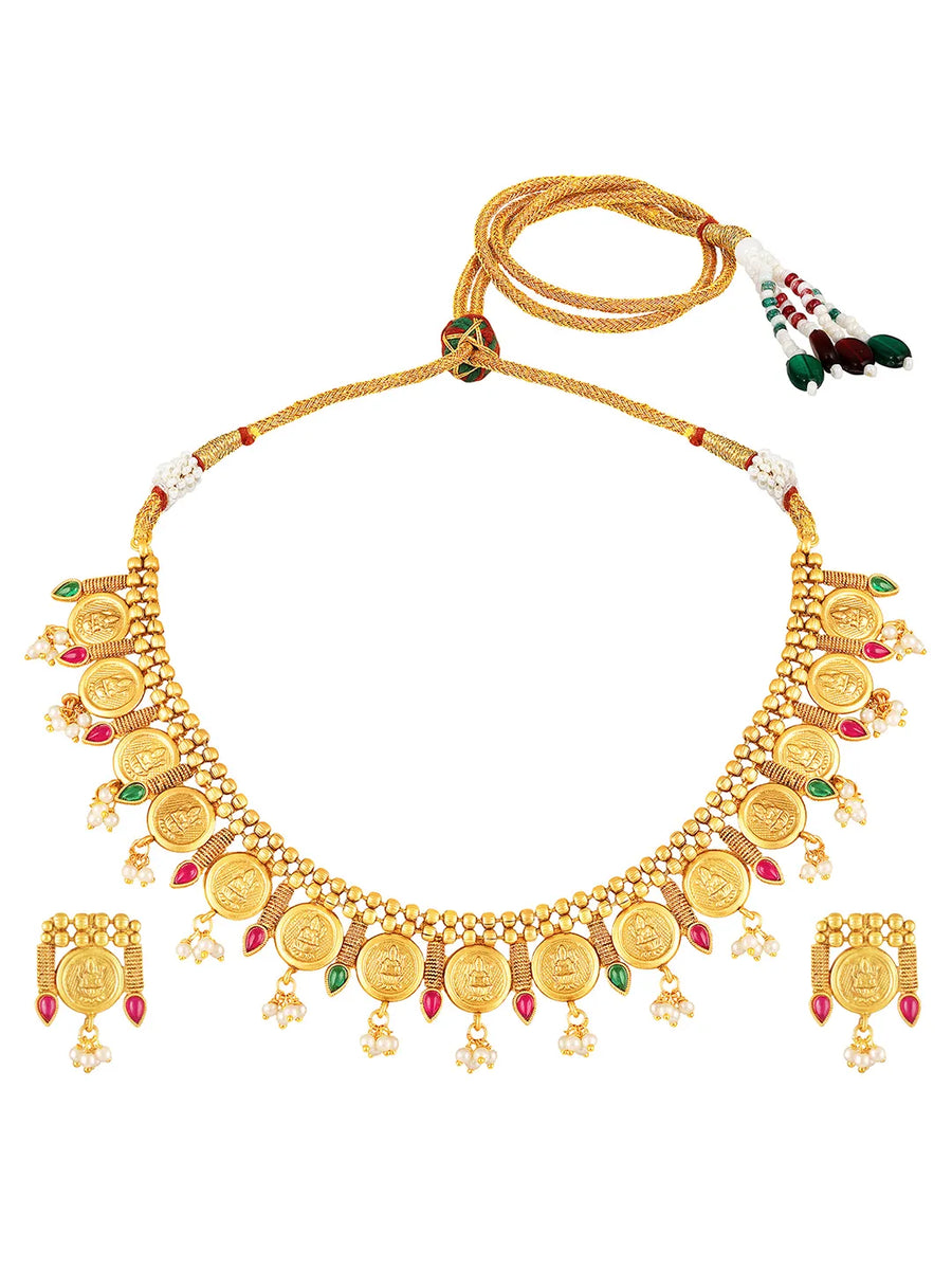 Royal Emblem Laxmi Coin Necklace Set - Gold