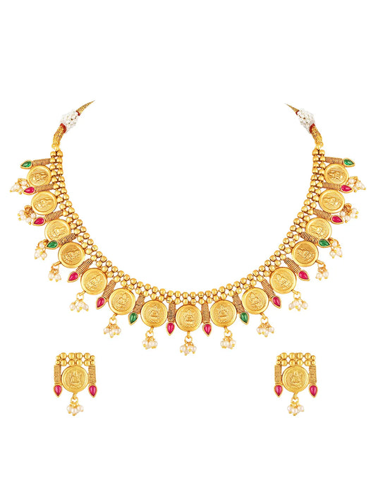 Royal Emblem Laxmi Coin Necklace Set - Gold