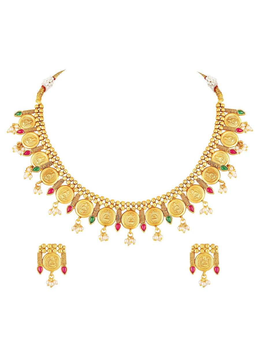 Royal Emblem Laxmi Coin Necklace Set - Gold