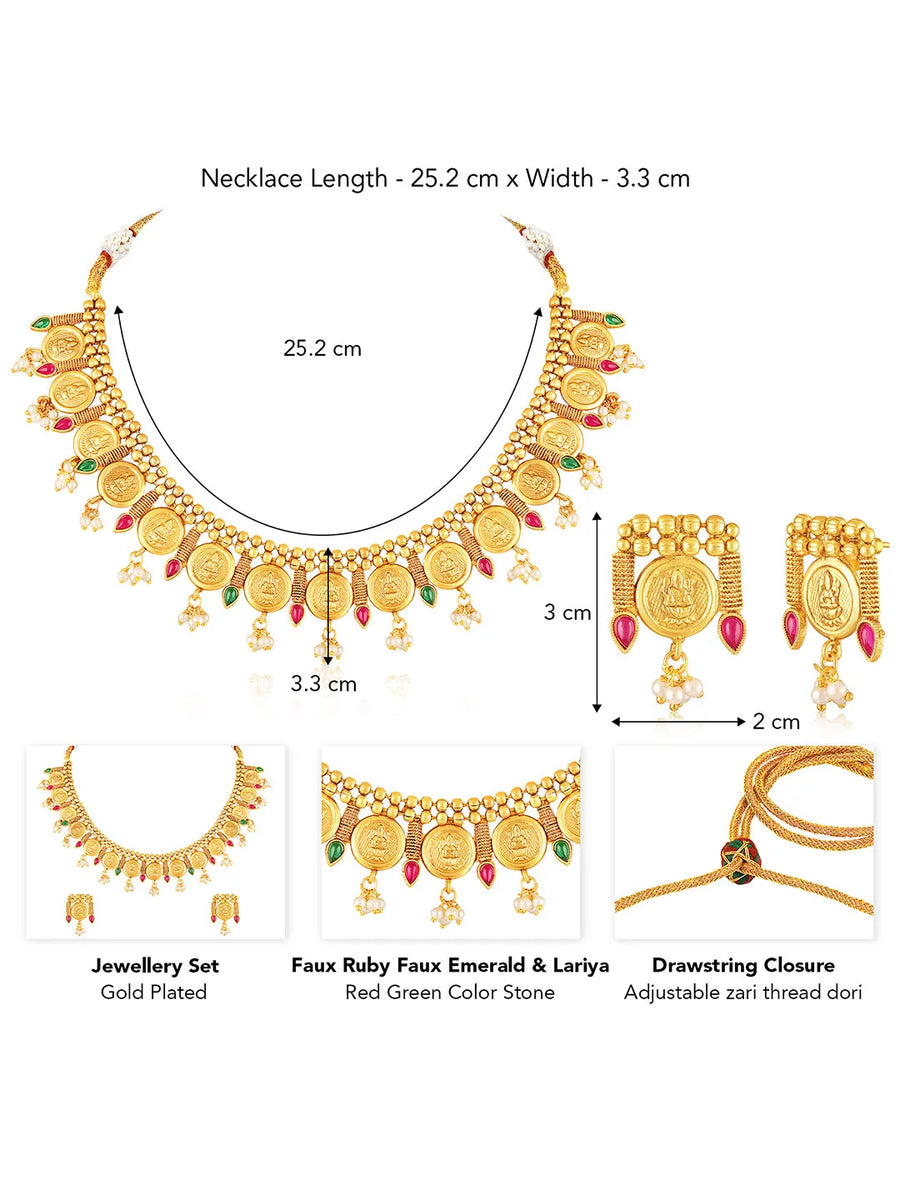 Royal Emblem Laxmi Coin Necklace Set - Gold