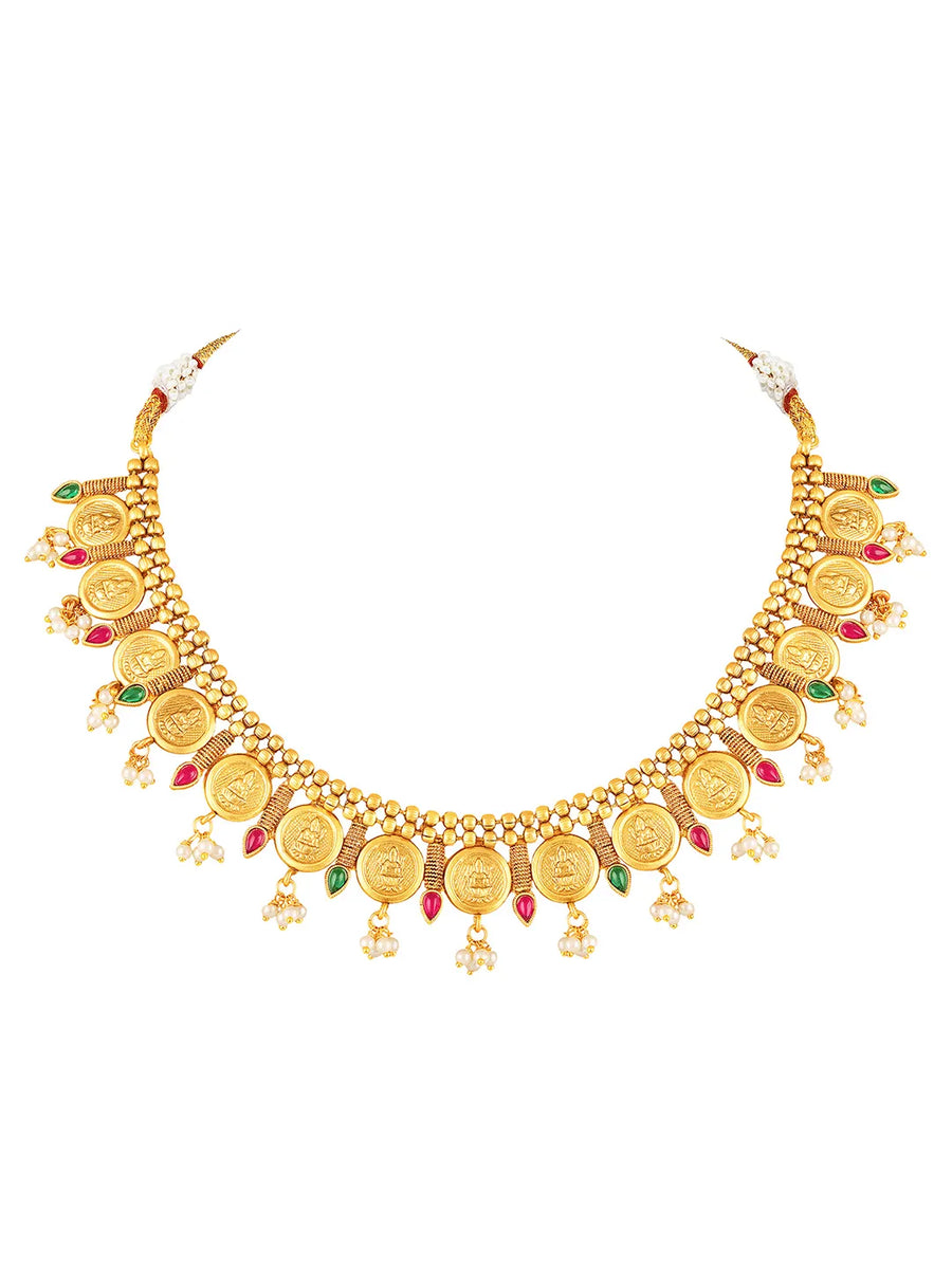 Royal Emblem Laxmi Coin Necklace Set - Gold