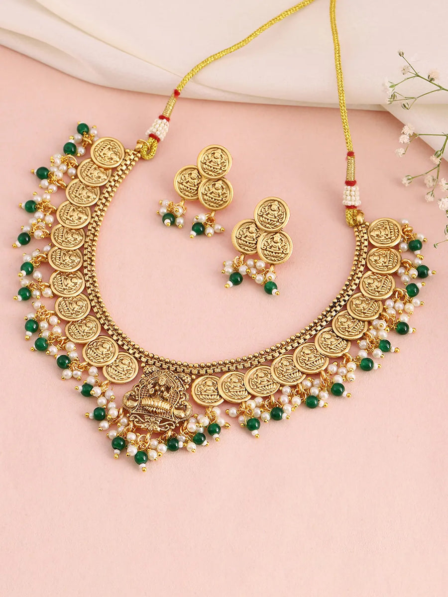 Classic Laxmi Motif Coin Necklace Set - Gold
