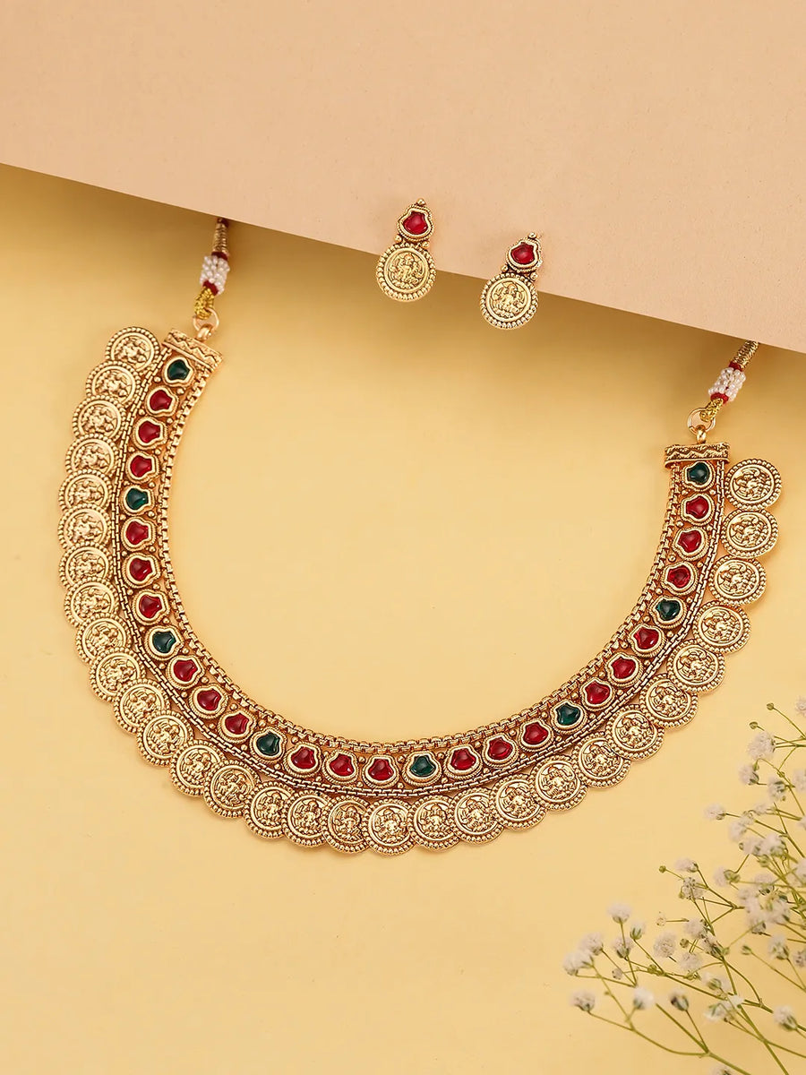 Authentic Laxmi Coin Necklace Set - Gold