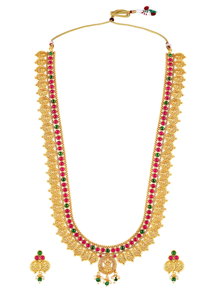 Rani Pink & Green Lakshmi Coin Long Necklace Set