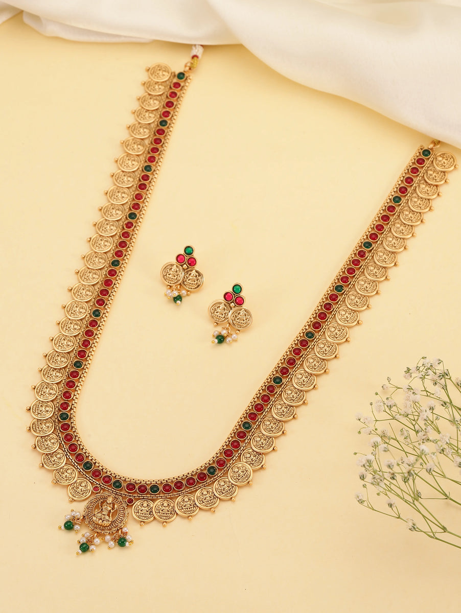 Rani Pink & Green Lakshmi Coin Long Necklace Set