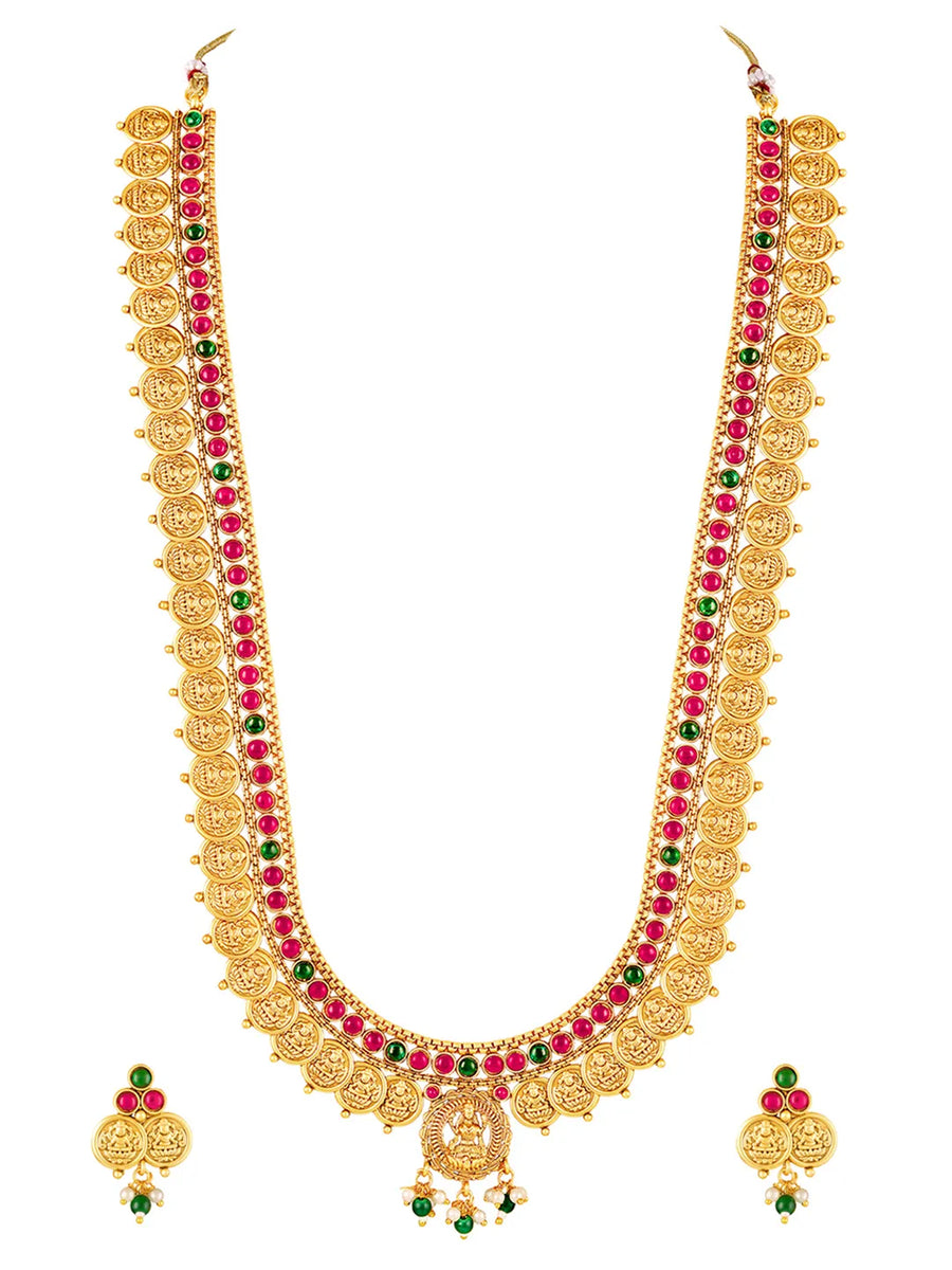 Rani Pink & Green Lakshmi Coin Long Necklace Set