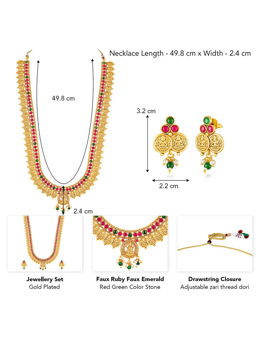 Rani Pink & Green Lakshmi Coin Long Necklace Set