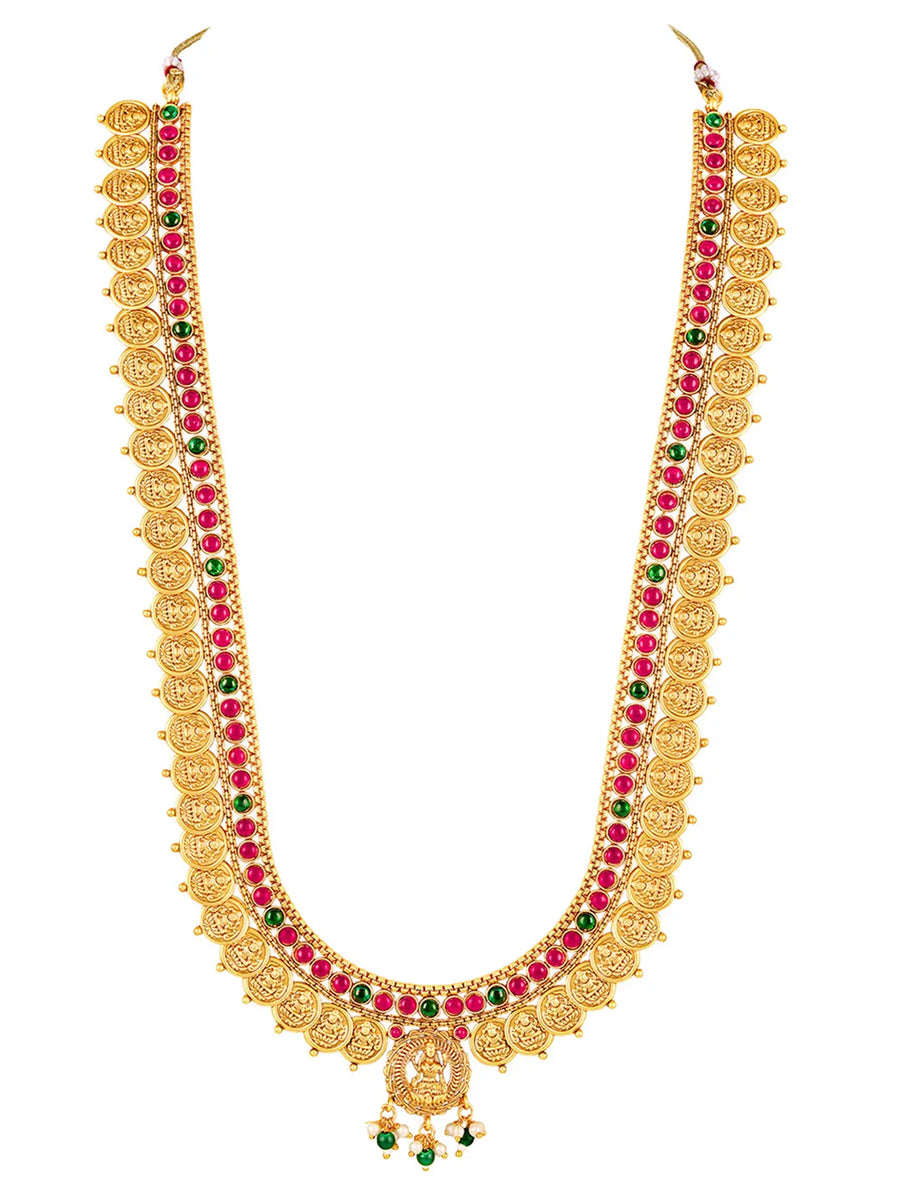Rani Pink & Green Lakshmi Coin Long Necklace Set