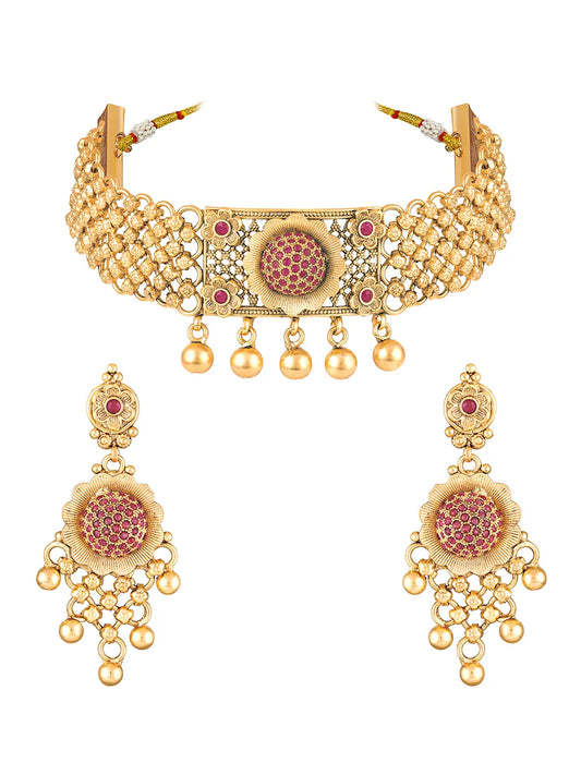 Gold Plated Ruby Bloom Choker Necklace Set