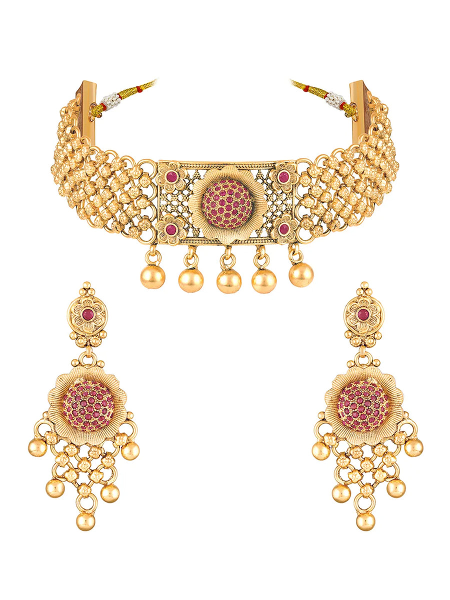 Gold Plated Ruby Bloom Choker Necklace Set