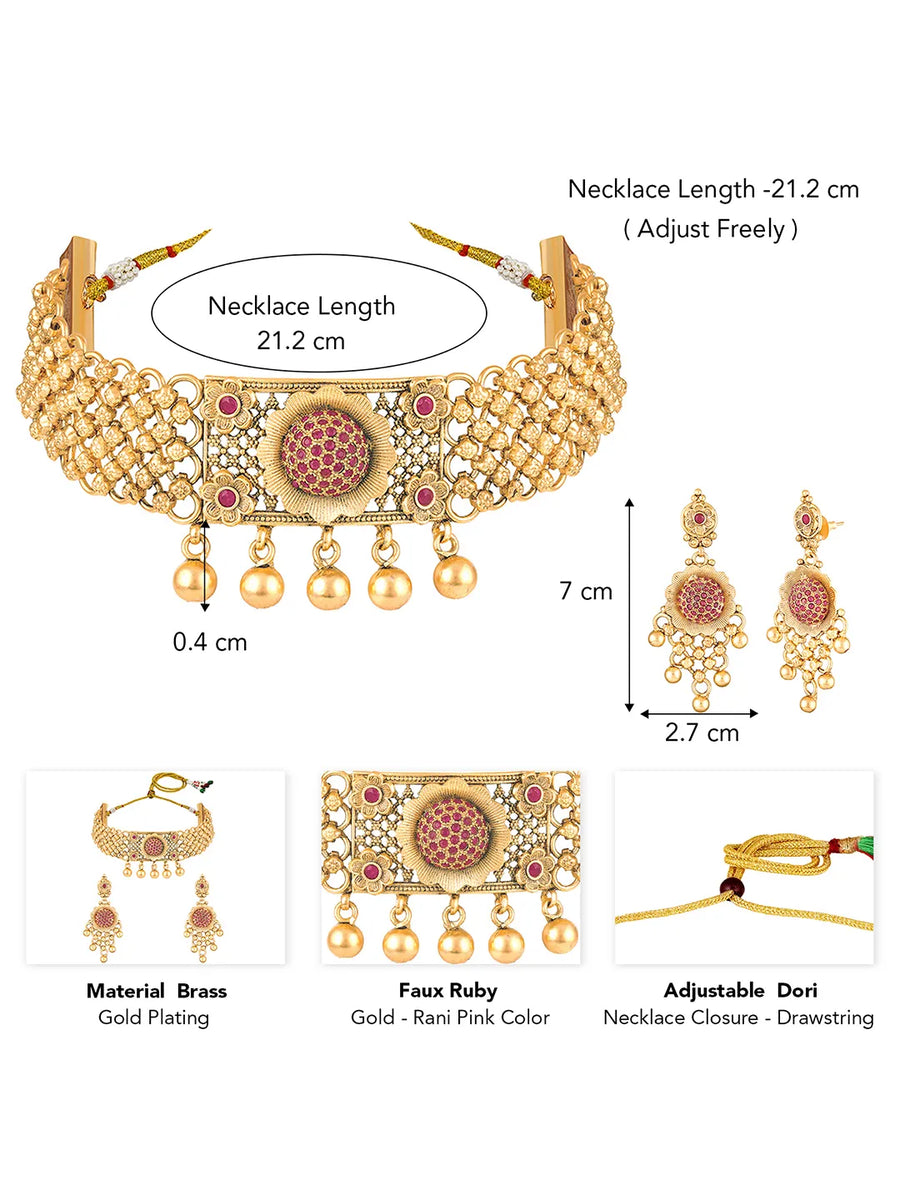 Gold Plated Ruby Bloom Choker Necklace Set