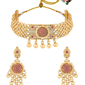 Gold Plated Ruby Bloom Choker Necklace Set