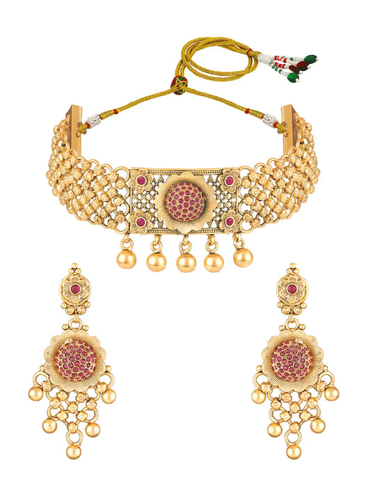 Gold Plated Ruby Bloom Choker Necklace Set