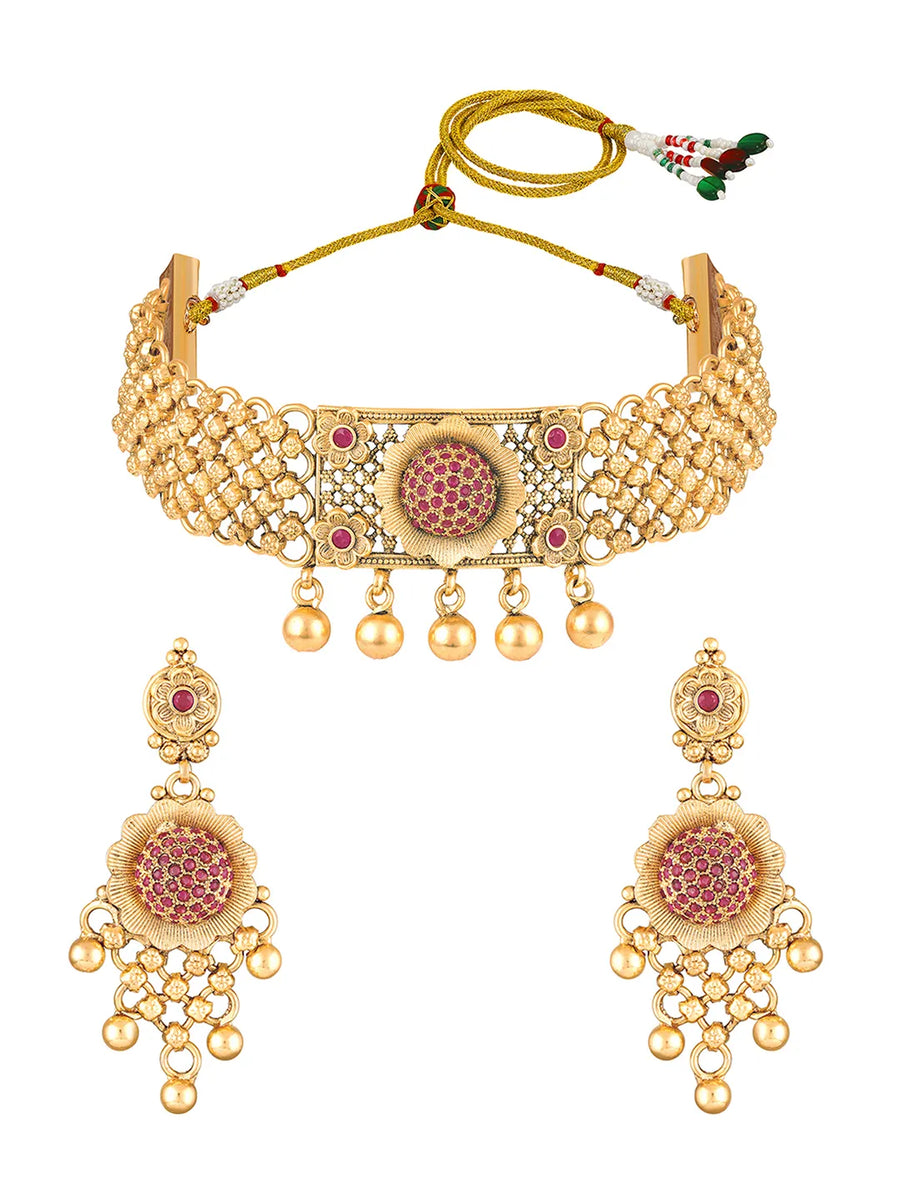 Gold Plated Ruby Bloom Choker Necklace Set