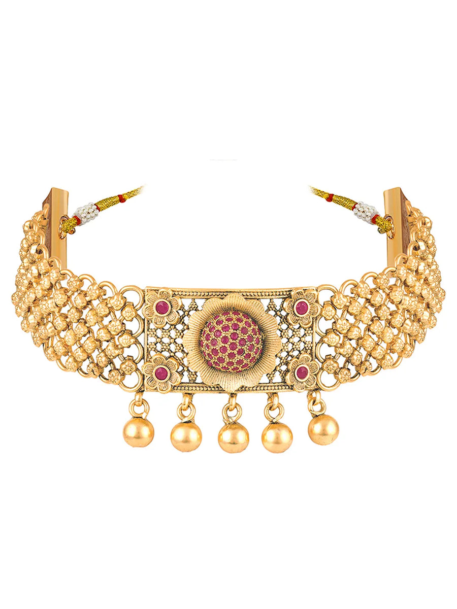 Gold Plated Ruby Bloom Choker Necklace Set