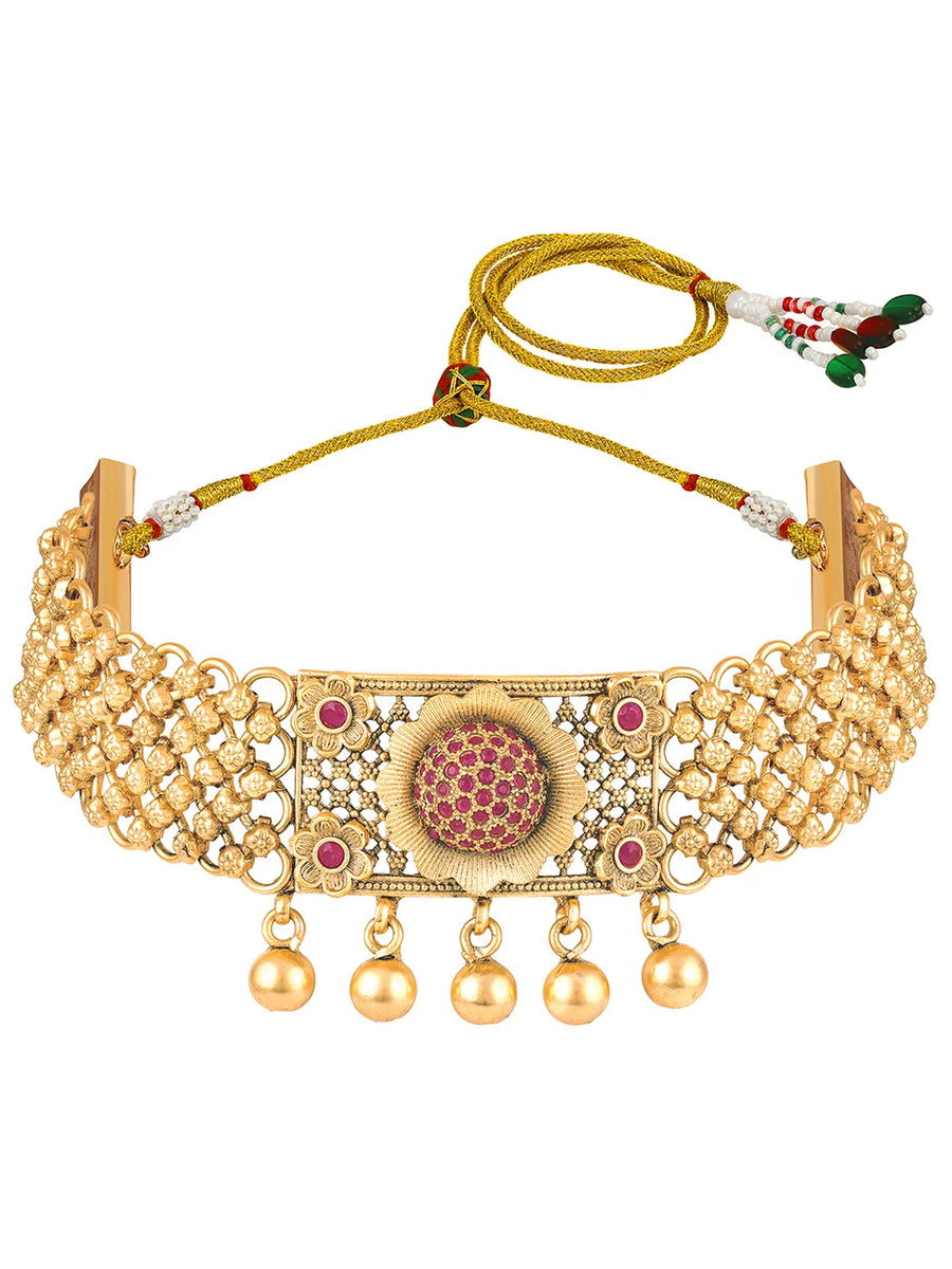 Gold Plated Ruby Bloom Choker Necklace Set