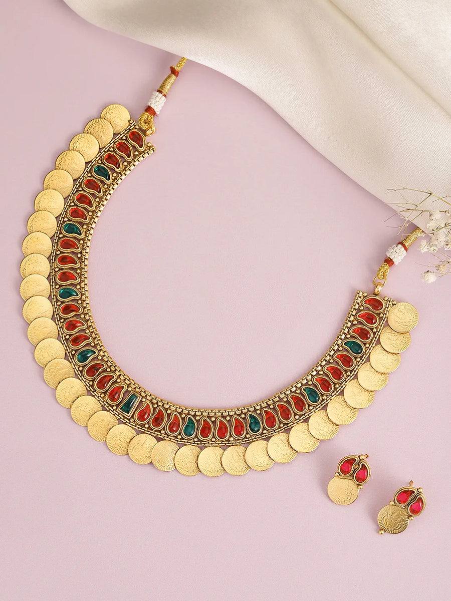Peora Traditional Gold Kasu Ruby Green Necklace
