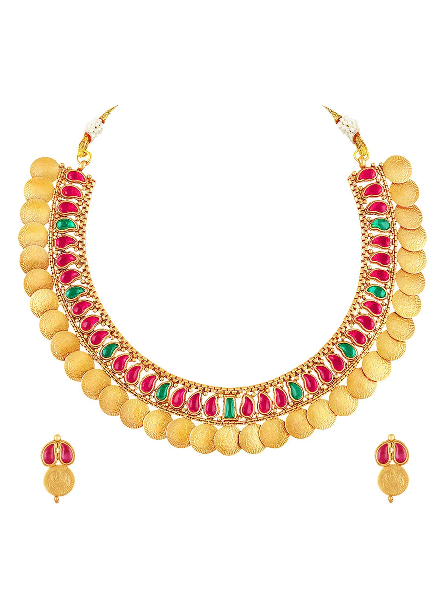 Peora Traditional Gold Kasu Ruby Green Necklace
