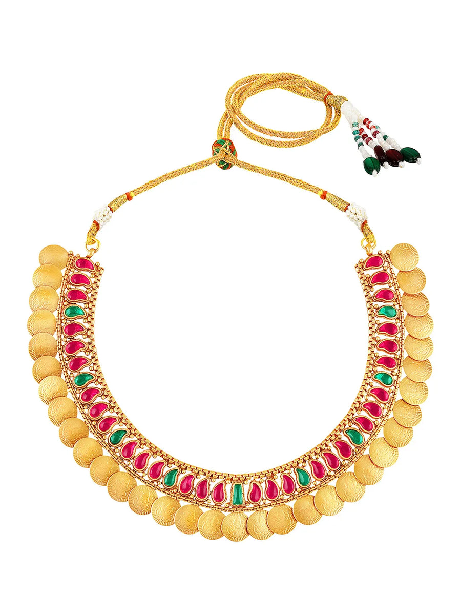 Peora Traditional Gold Kasu Ruby Green Necklace