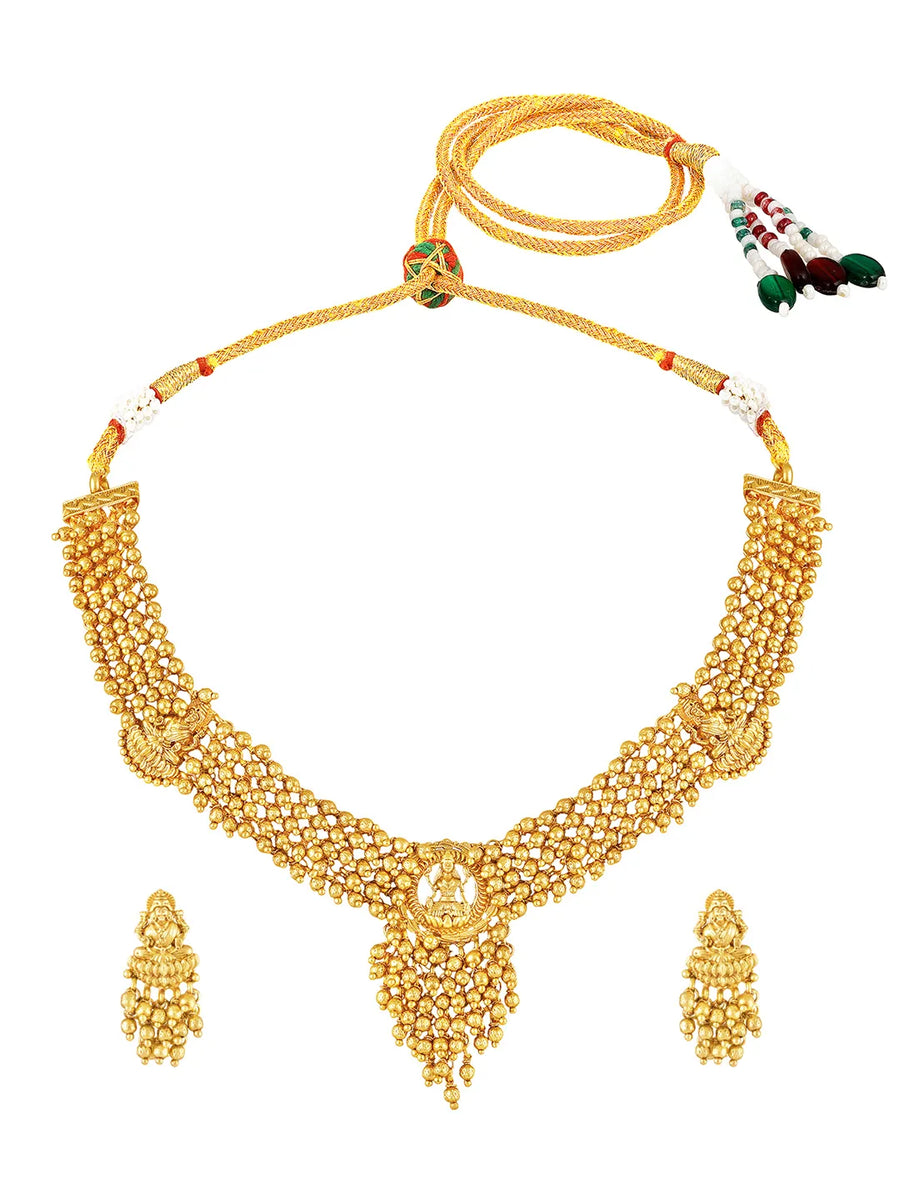 Laxmi Motif Metallic Beads Necklace Set - Gold